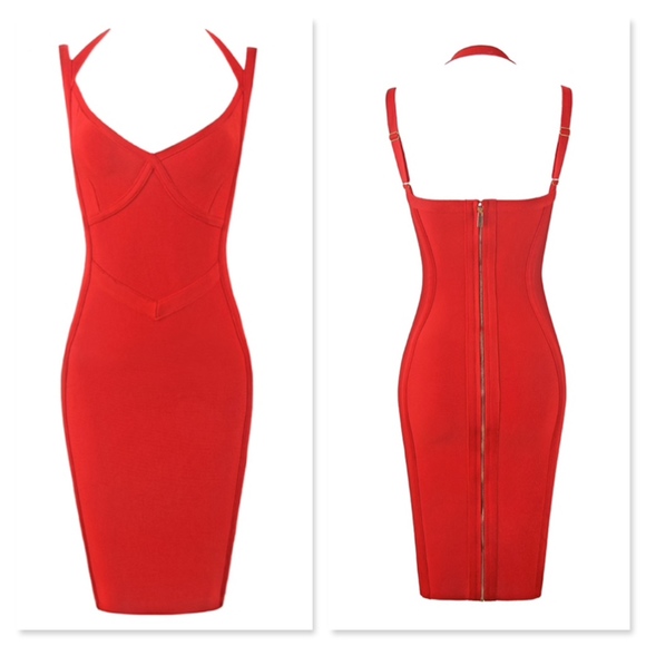 🎥 Bandage V-Neck Strappy Midi Dress in Red - Picture 6 of 11